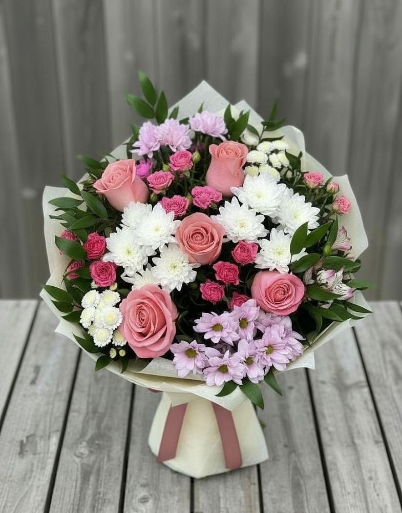 Букет цветов из: Альстромерии, Гвоздики, Розы и Хризантемы в Барабинске