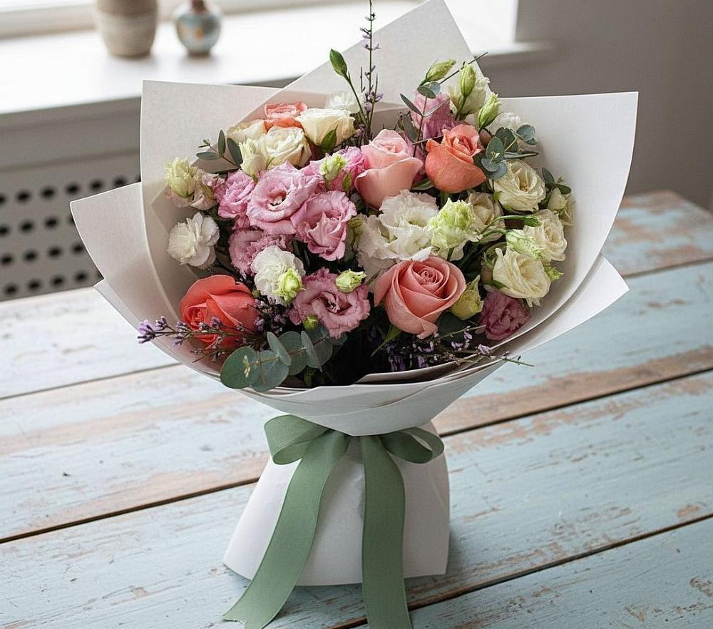 Букет цветов из: Розы, Лизиантусы и Гвоздики в Барабинске