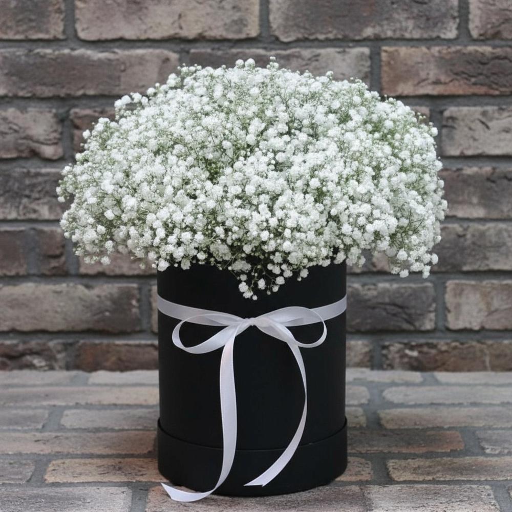 Цветочная композиция из Гипсофила в шляпной коробке в Барабинске