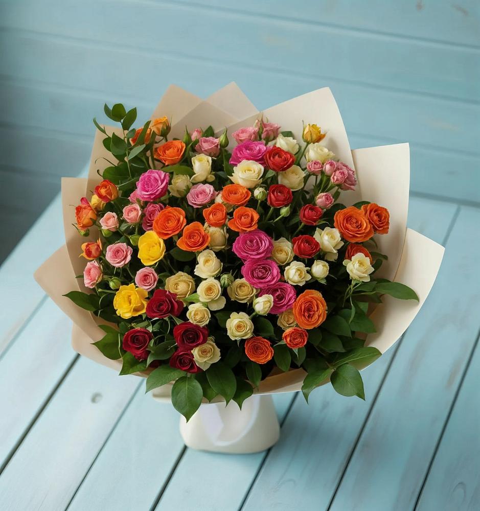 Букет Микс из разноцветных кустовых роз в Барабинске