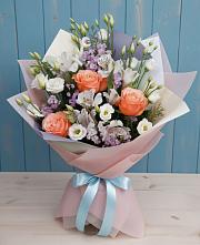 Букет цветов из:  Лизиантусы, Розы, Альстромерии и Гипсофила в Барабинске