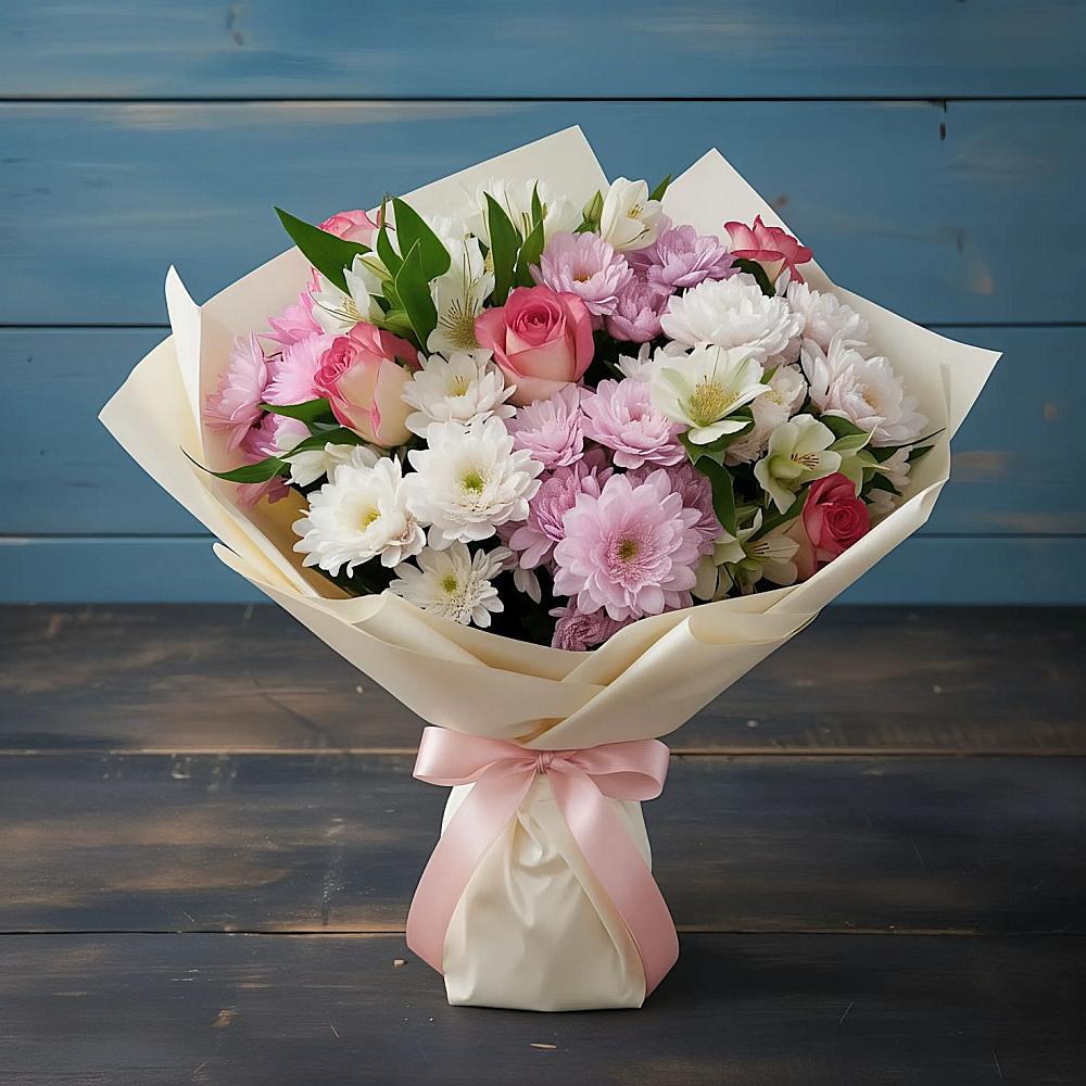 Букет цветов из: Хризантемы, Альстромерии и Розы в Барабинске